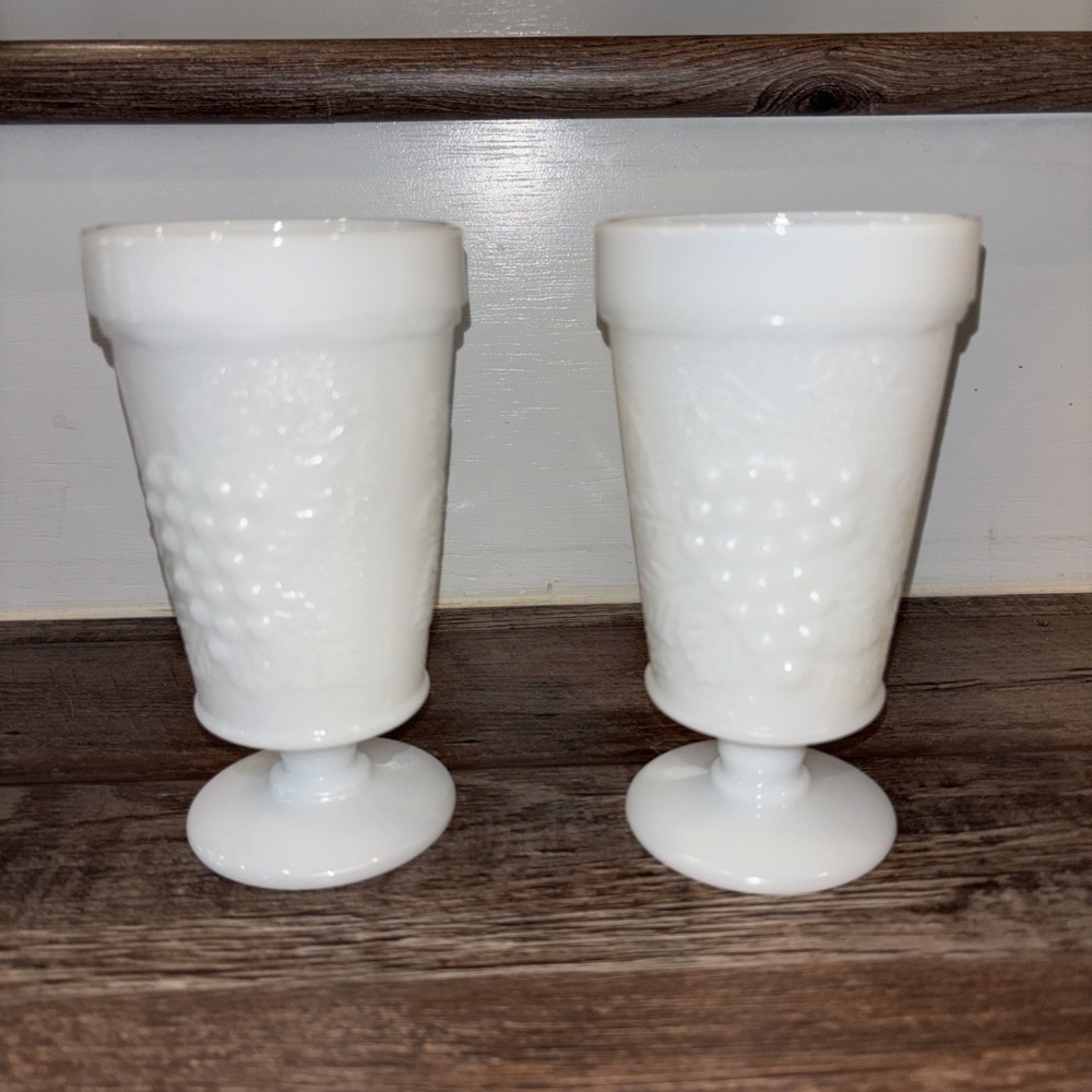 Set 2- Vintage MILK GLASS GRAPE VINE TUMBLERS STEMMED PEDESTAL GOBLETS  8 oz.